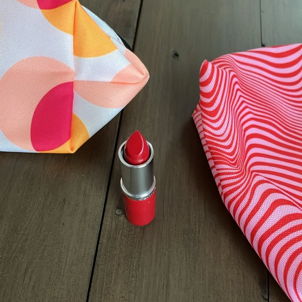 Clinique Cherry Pop Lipstick and Neon Makeup Bags